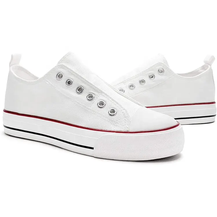 Factory Wholesale Cheap Fashion Custom Logo Simple Style Slip On Unisex Women White Canvas Shoes